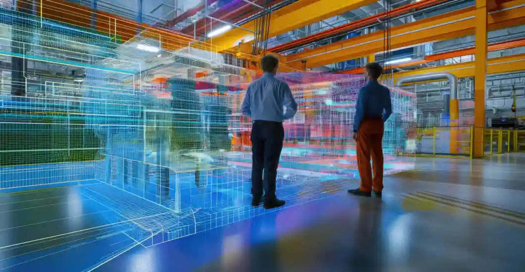 Digital twin technology visualizing a smart factory production line for real-time monitoring, simulation, and optimization.