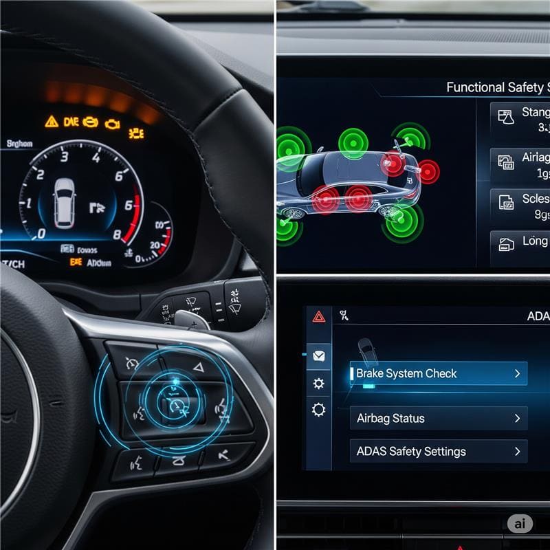 Automotive functional safety monitoring featuring ADAS, vehicle diagnostics, and electronic safety systems