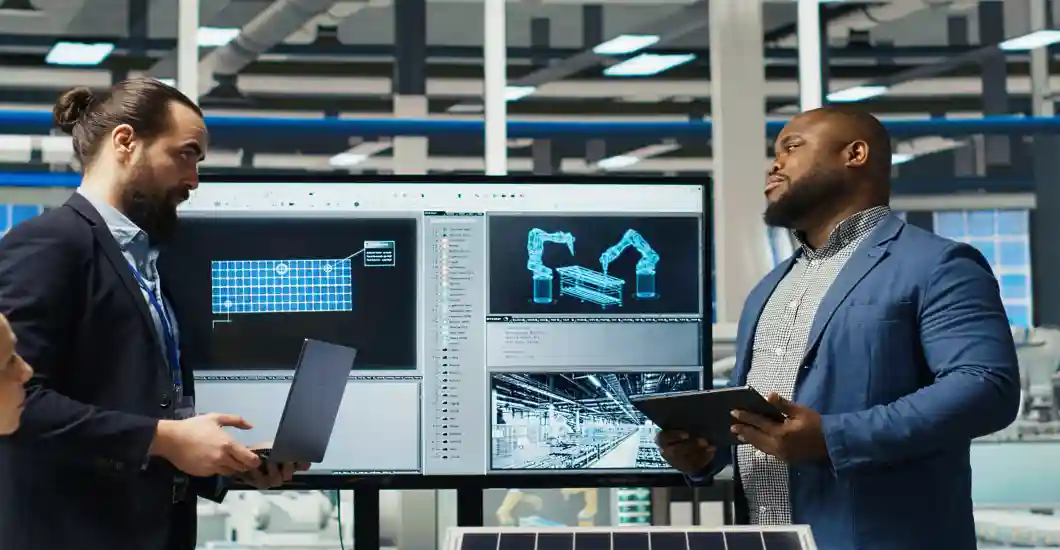 Industrial engineers using plant simulation software to validate production processes and improve manufacturing performance.