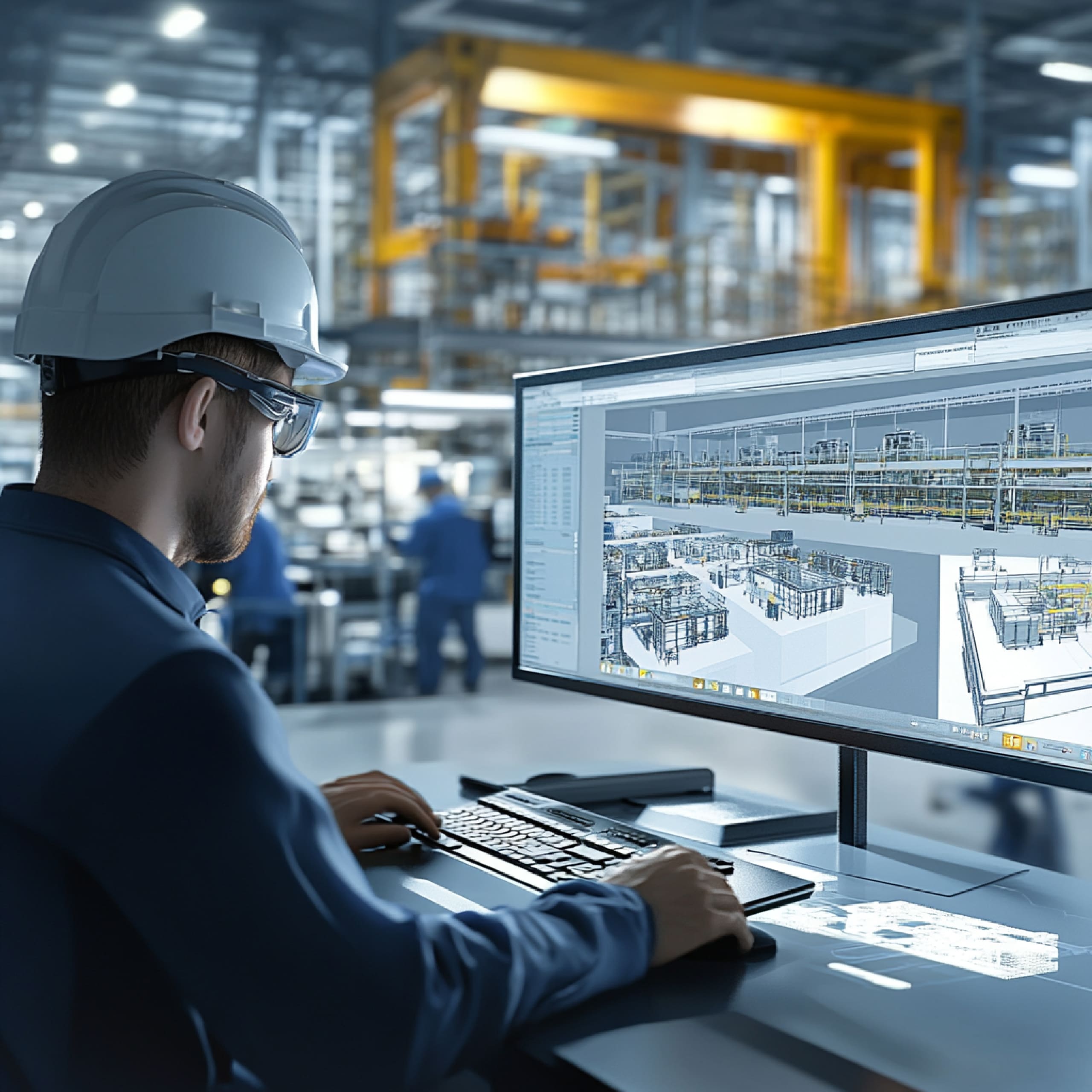 Manufacturing plant simulation displaying factory layout for workflow analysis and capacity optimization