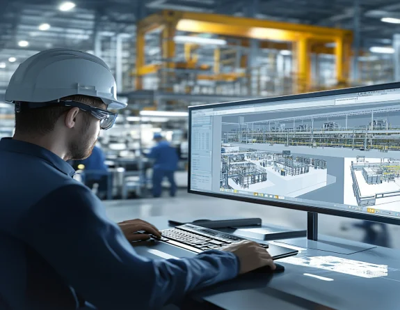 Manufacturing plant simulation displaying factory layout for workflow analysis and capacity optimization