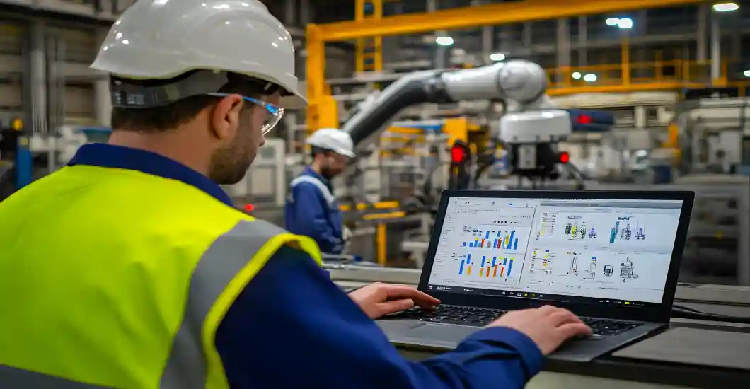 Factory dashboard for predictive maintenance showing machine condition, analytics, and maintenance schedules