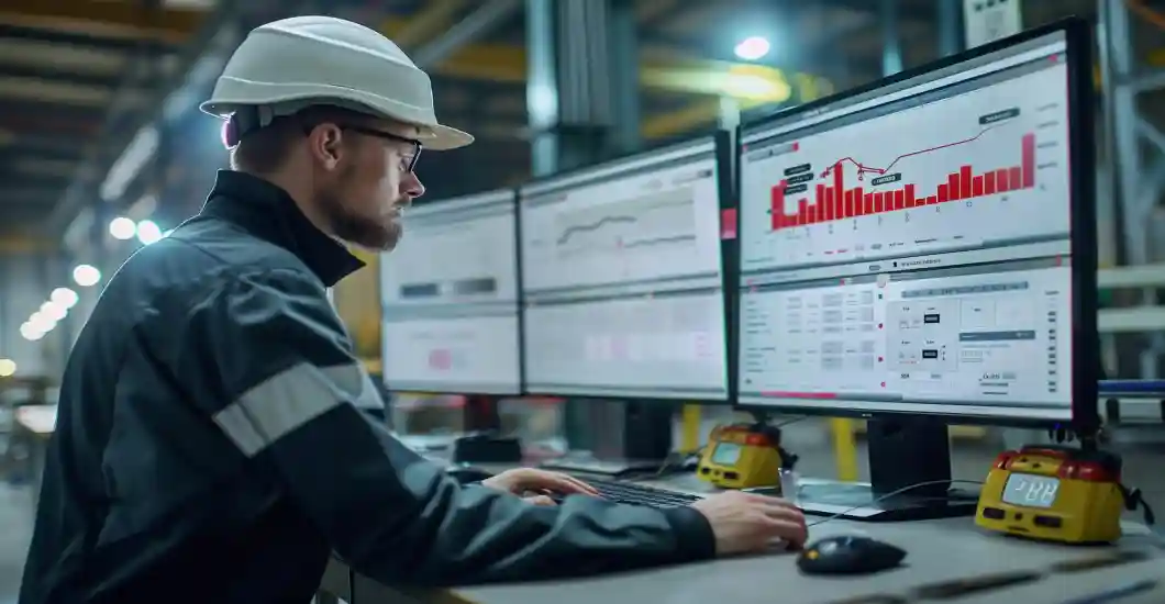 Factory production monitoring dashboard with live machine status, output tracking, and operational insights