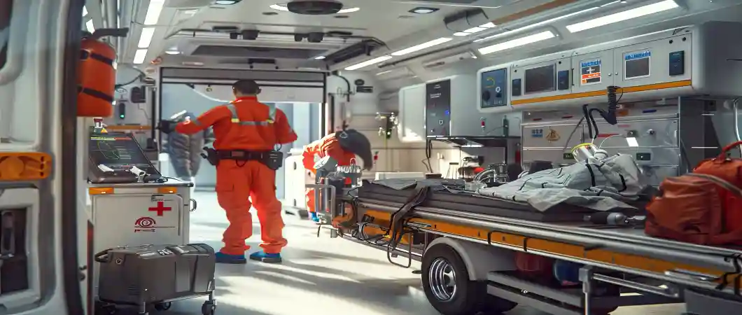 Specialty emergency vehicle with advanced ambulance equipment, patient monitoring, and medical response systems