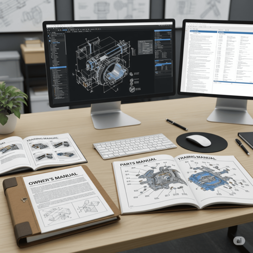 Engineering manual featuring machine parts, technical documentation, assembly instructions, and service information