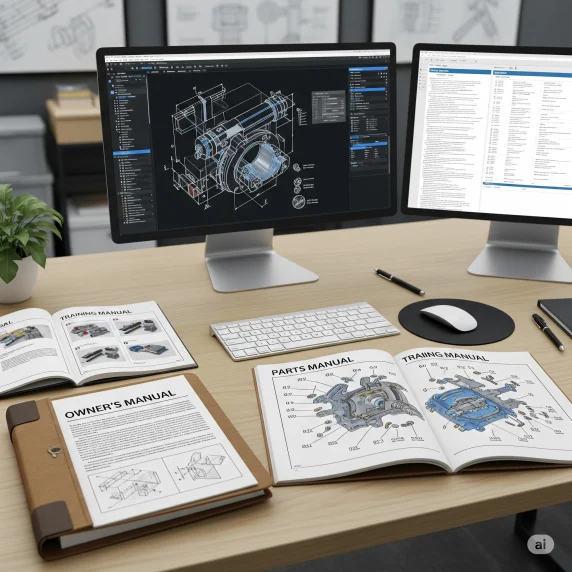 Engineering manual featuring machine parts, technical documentation, assembly instructions, and service information