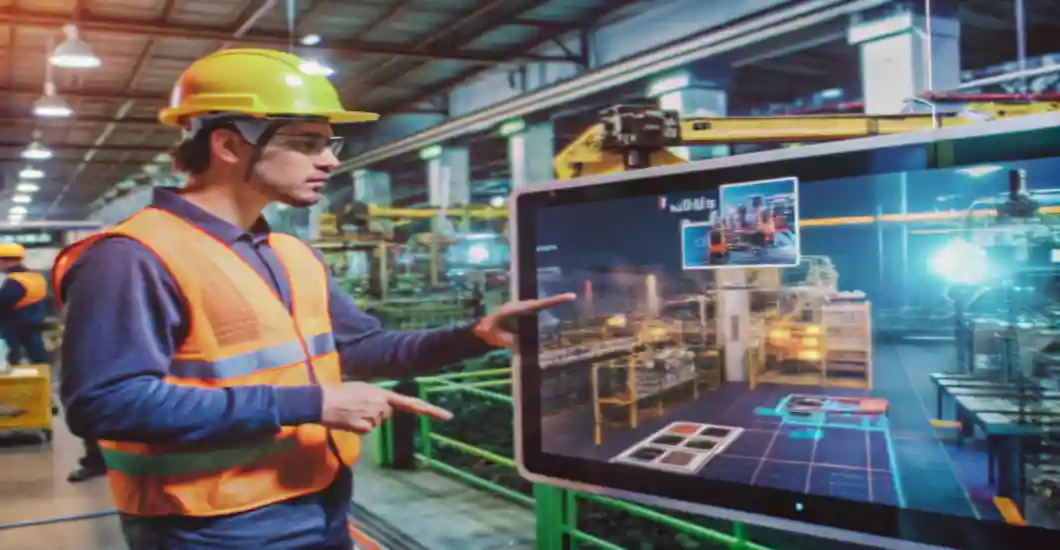 Engineer using virtual commissioning software to validate industrial automation systems before factory deployment.